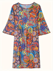  Boho Paisley Print Three Quarter Sleeve Loose Fit Dress