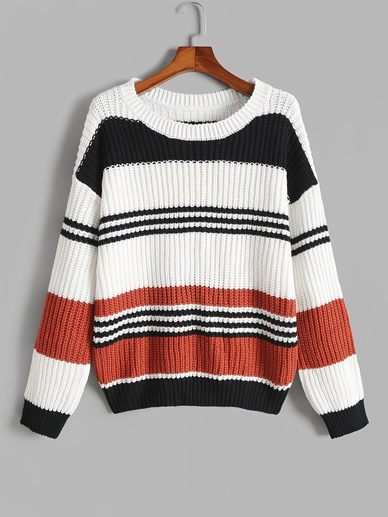  Colorblock Long Sleeve Knit Pullover Sweater Women's Plus