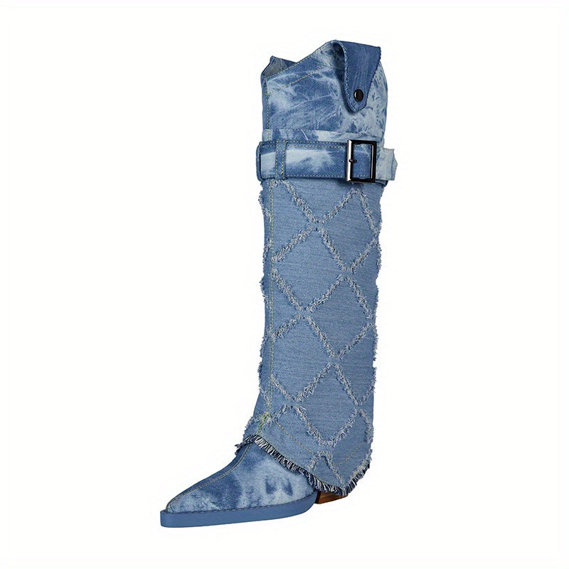 Women's Tie Dye Plaid Boots Point Toe Mid-Calf Chunky Heel Shoes