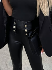  PU Leather Button High Rise Leggings