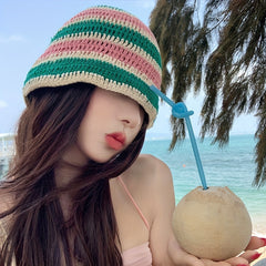 Rainbow Striped Crochet Bucket Hat Y2K Block Hollow Out Knit Hat