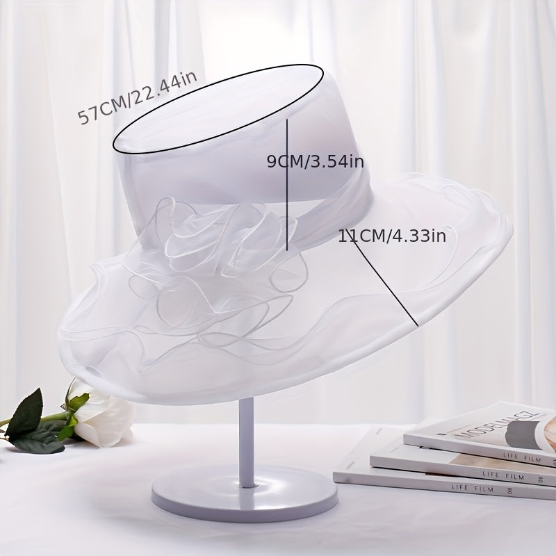 Organza Sun Hat Wide Brim Solid Derby Hat Ruffles Flower Beach Hats