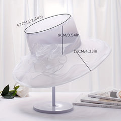 Organza Sun Hat Wide Brim Solid Derby Hat Ruffles Flower Beach Hats