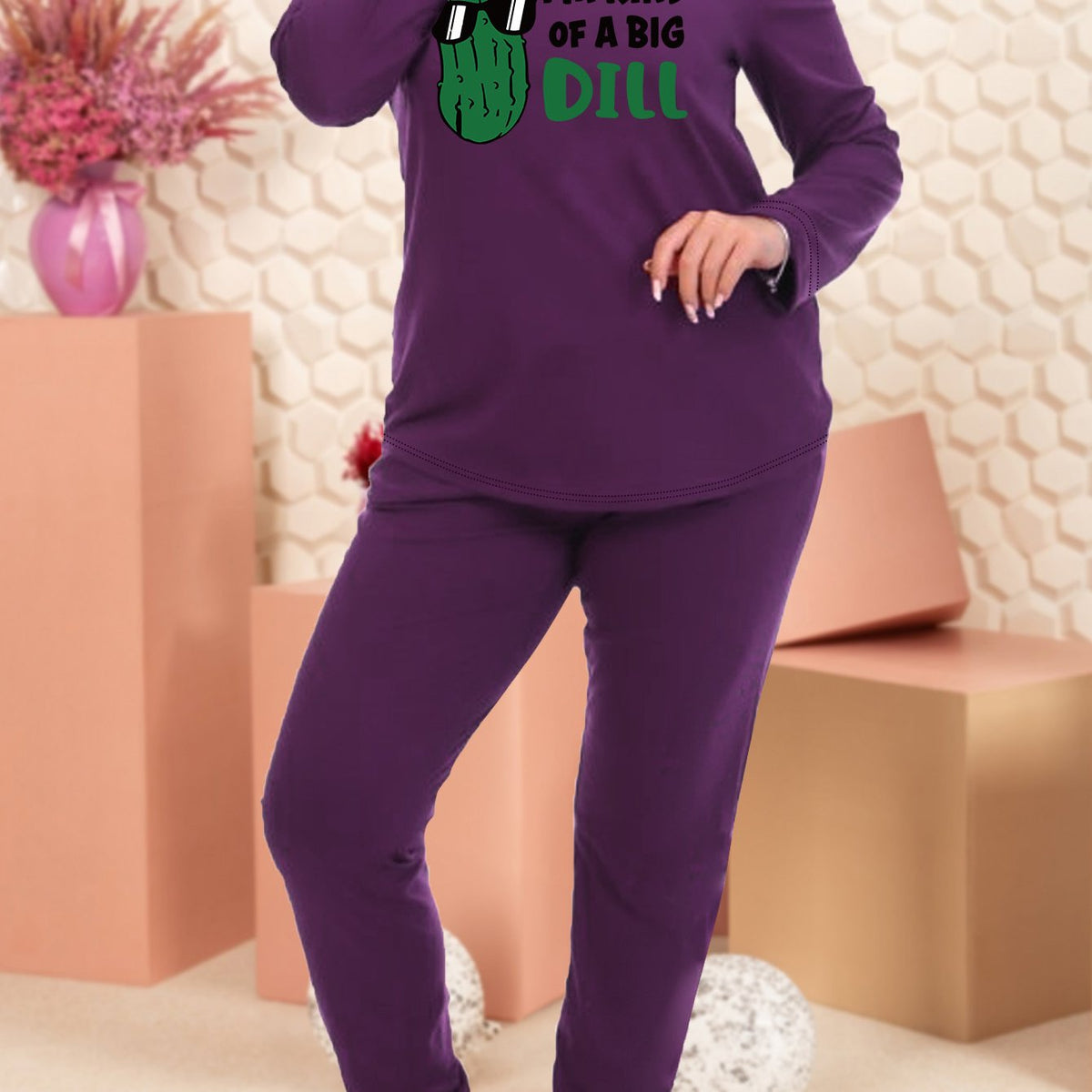  Casual Pajamas Set Women's Plus Cartoon Balsam Pear & Slogan Print