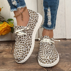 Leopard Pattern Skate Shoes for Women Flat Lightweight Lace-up Canvas