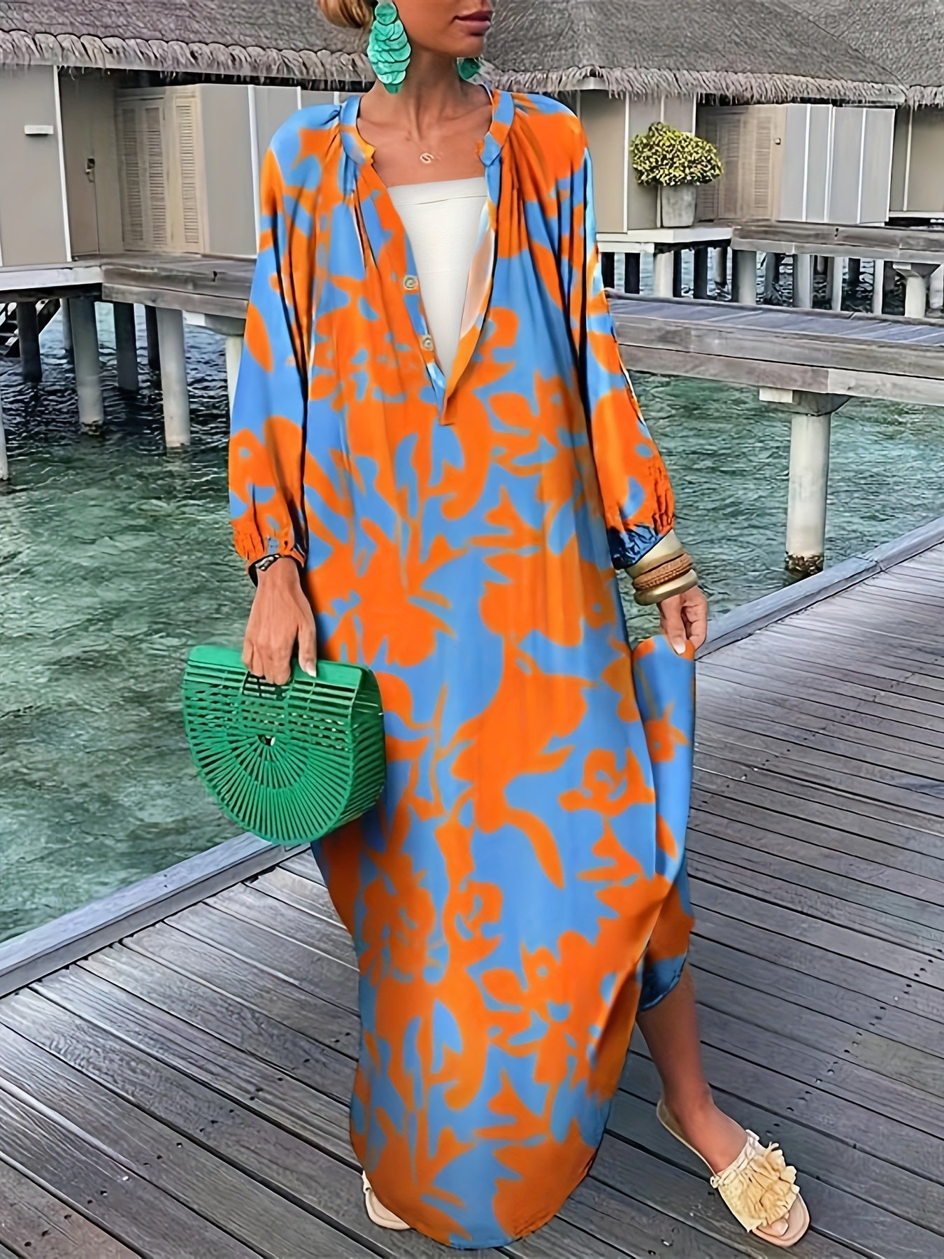  Print Button Up Maxi Dress