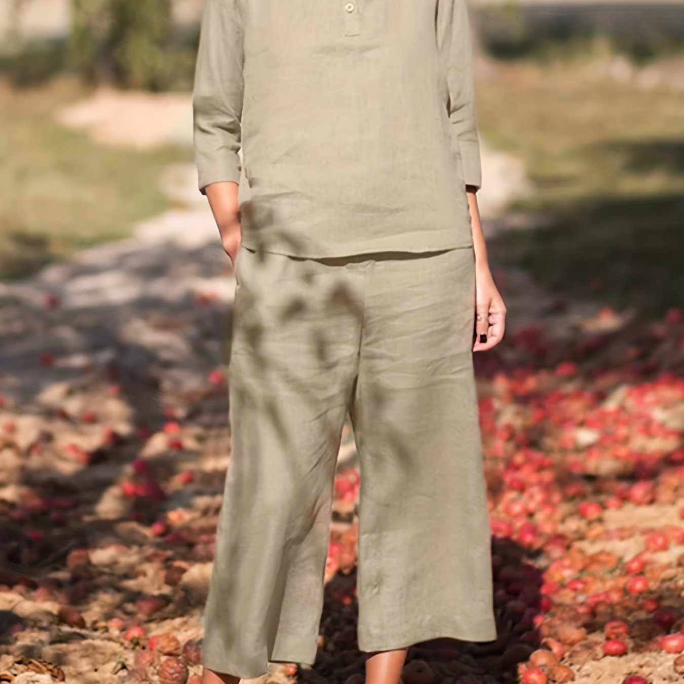 Solid Casual Two piece Set Crew Neck Button Front Tops & Wide Leg Cropped Pants