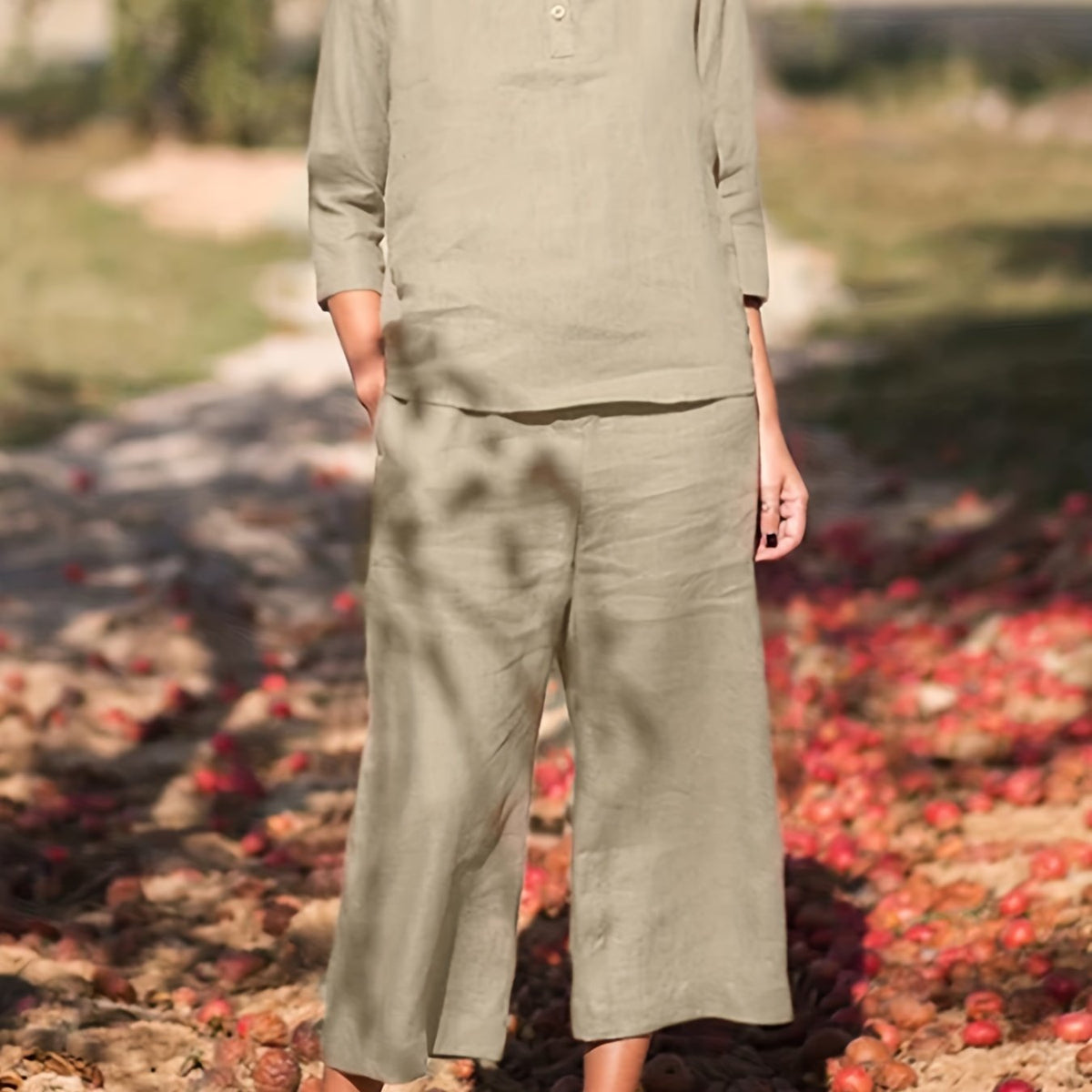 Solid Casual Two piece Set Crew Neck Button Front Tops & Wide Leg Cropped Pants
