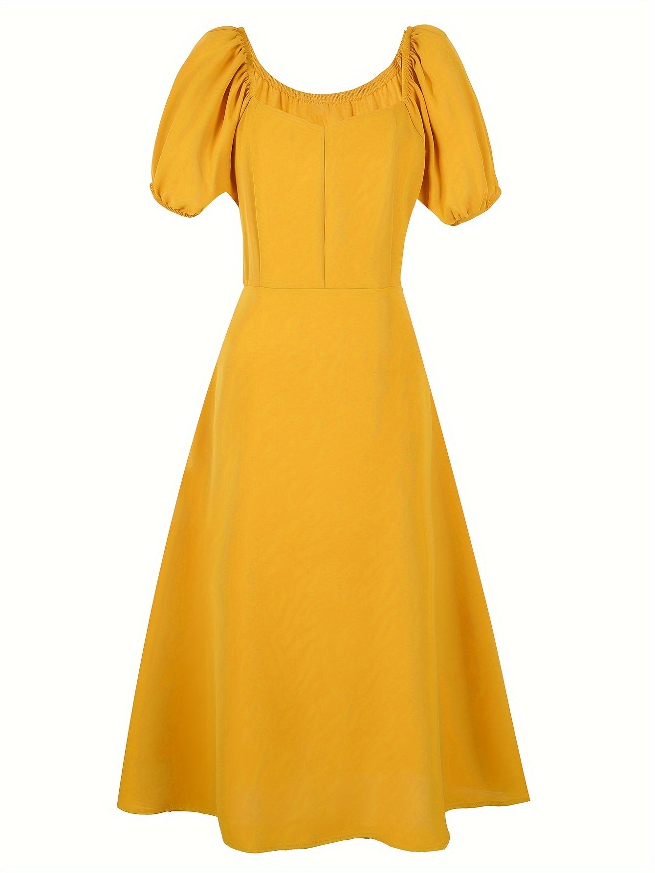 Solid Bubble Sleeve Sweetheart Neck Dress