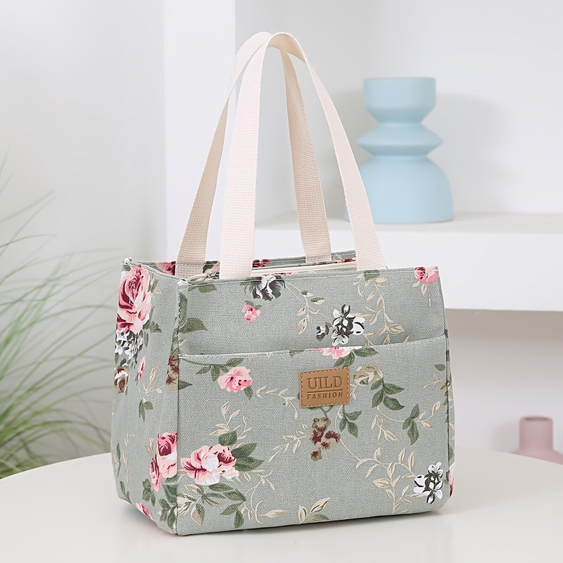 Floral Print Insulated Lunch Bag Waterproof Large Capacity Rectangular Carrier