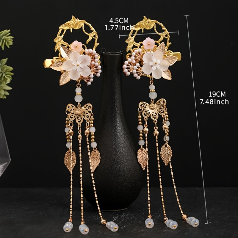 Flower Leaf Pearls Hairpins Tassel Hanfu Dress Hairclip