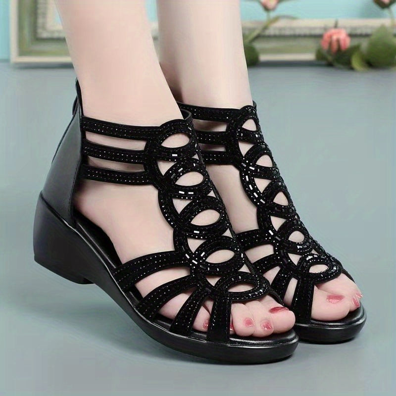 Women's Rhinestone Sandals Open Toe Block Heel Roman Shoes