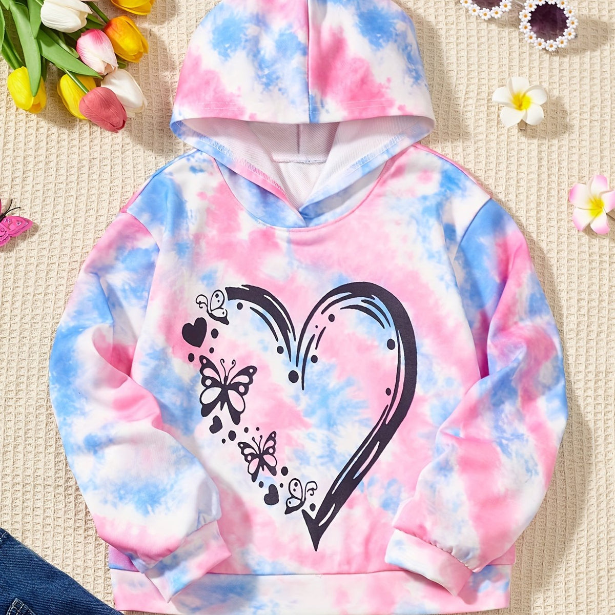 Tie Dye Heart Figure Graphic Pullover Hoodie for Girls