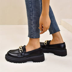 Women's Chain Decor Chunky Heel Loafers Slip On Faux Leather Shoes