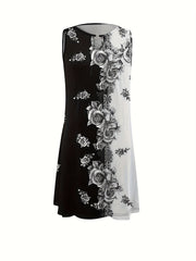  Colorblock Floral Print Round Neck Tank Dress