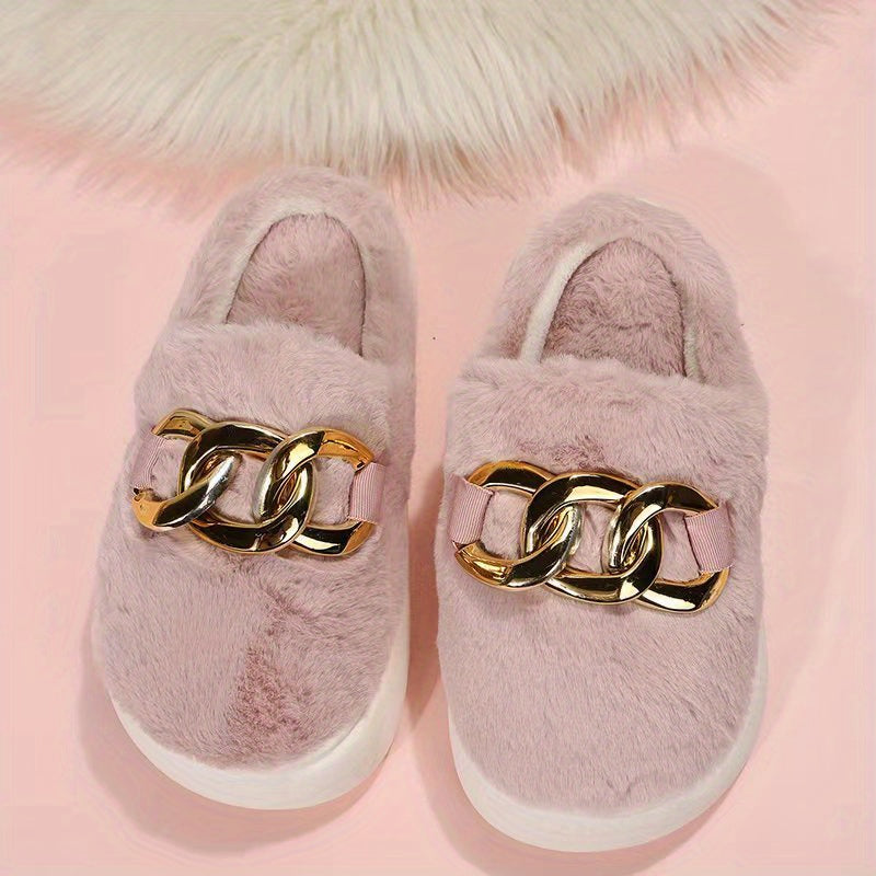 Women's Fluffy Platform Slippers with Chain Detail