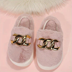 Women's Fluffy Platform Slippers with Chain Detail