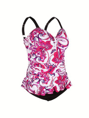  Floral Print Tankini Set with Ruffle Trim Cami Top & Brief