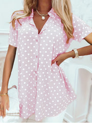  Polka Dots Button Up Short Sleeve Blouse