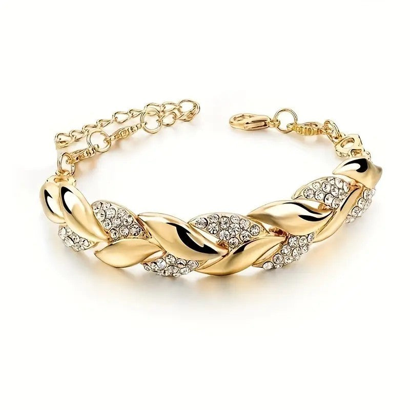 Braided Leaf Charm Crystal Wedding Bracelet for Women