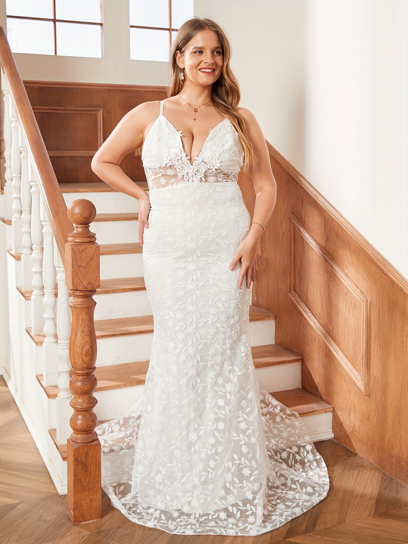  Women's Deep V Neck Floral Jacquard Maxi Wedding Dress
