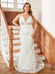  Women's Deep V Neck Floral Jacquard Maxi Wedding Dress