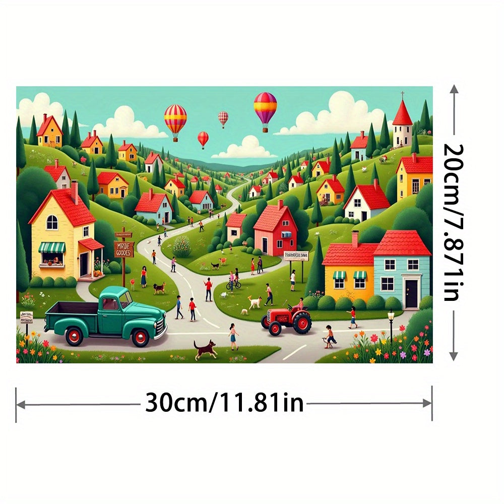 5D Diamond Painting Kit Colorful Village Scene with Hot Air Balloons