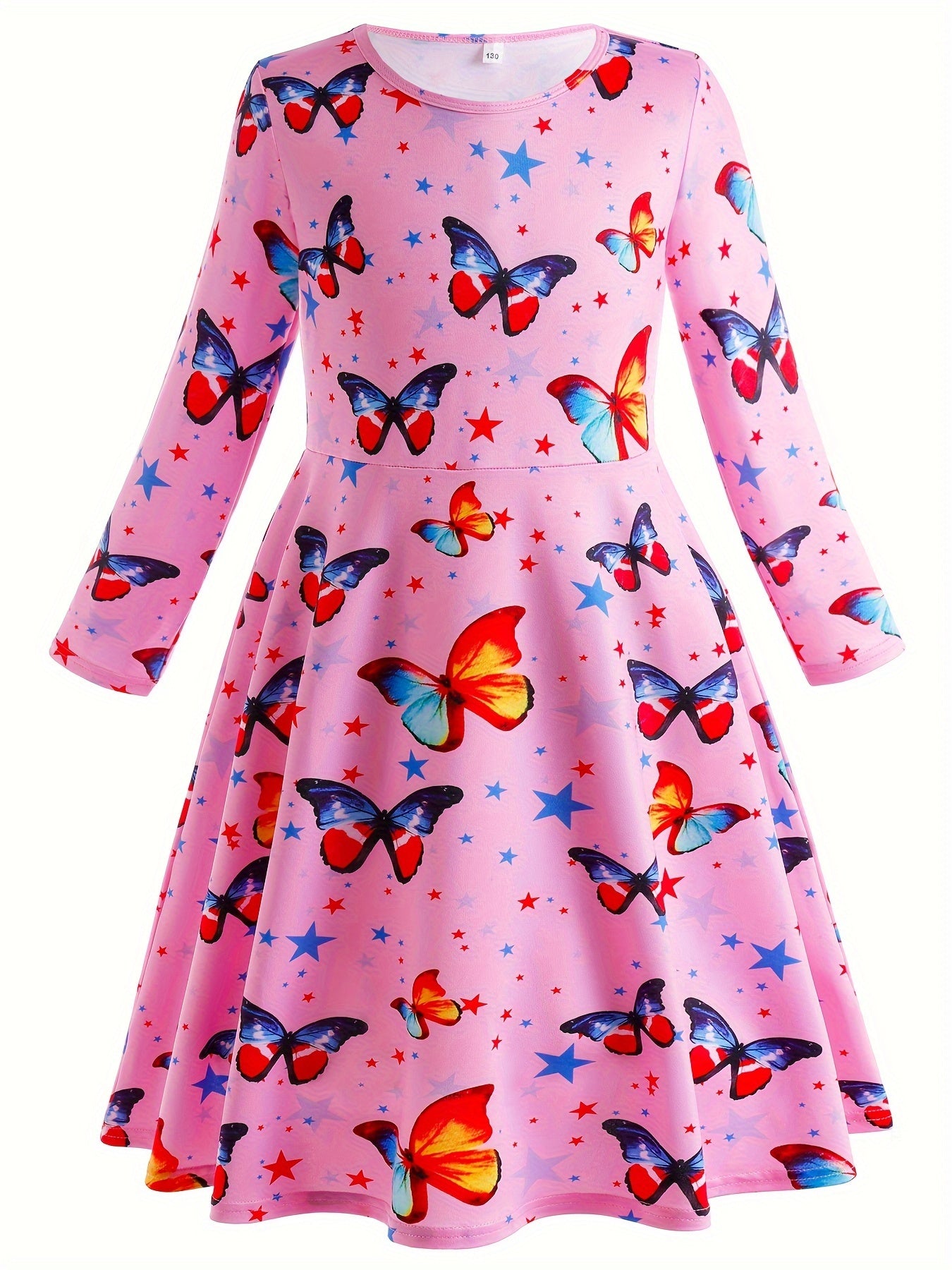 Butterfly Graphic Crew Neck Long Sleeve Dress Girls