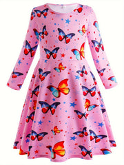 Butterfly Graphic Crew Neck Long Sleeve Dress Girls
