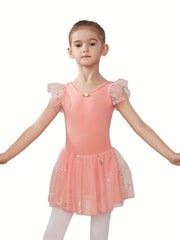 Flower & Cross Back Sequins Ballet Dress Girls Princes Puffy Skirt