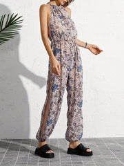 Print Tie Neck Side Split Cover Up Jumpsuit Sexy Beach Cover Up