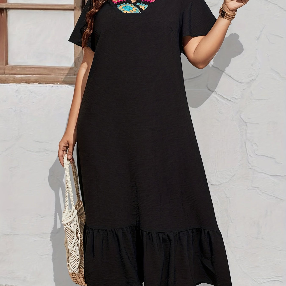  Colorblock Crochet V-Neck Ruffle Dress