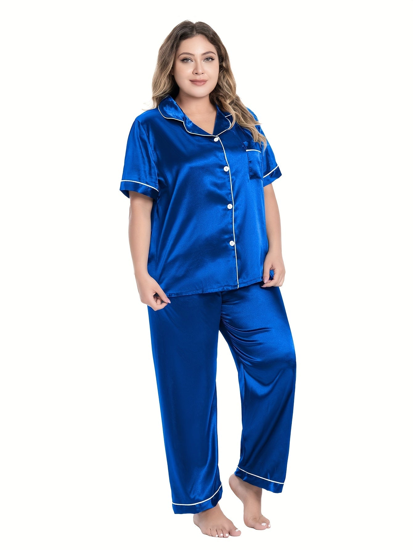 Silk Satin Button Up Shirt & Pants Lounge Set