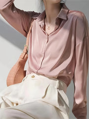  Solid Satin Drop Shoulder Long Sleeve Blouse