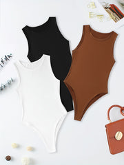Versatile Sleeveless Bodysuits Crew Neck Slim Summer 3pcs
