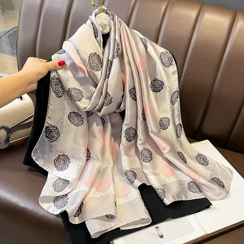 Camellia Print Scarf Satin Shawl Thin Breathable Hijab Silk Head Wrap