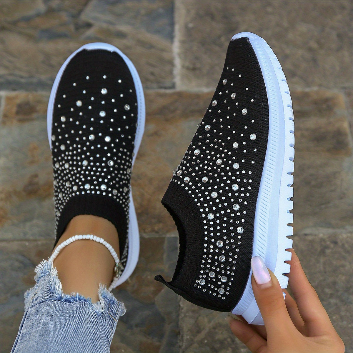 Women's Rhinestone Slip on Sneakers Breathable Low Top Shoes