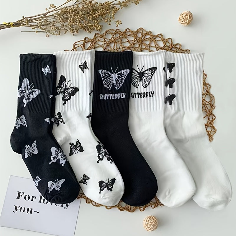 5 Pairs Butterfly Graphic Print Crew Socks Women's Stockings & Hosiery