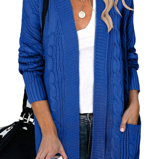  Solid Cable Long Sleeve Open Front Cardigan With Pockets