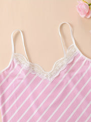 Striped Print Pajama Set Lace Trim V Neck Cami Top & Lounge Shorts