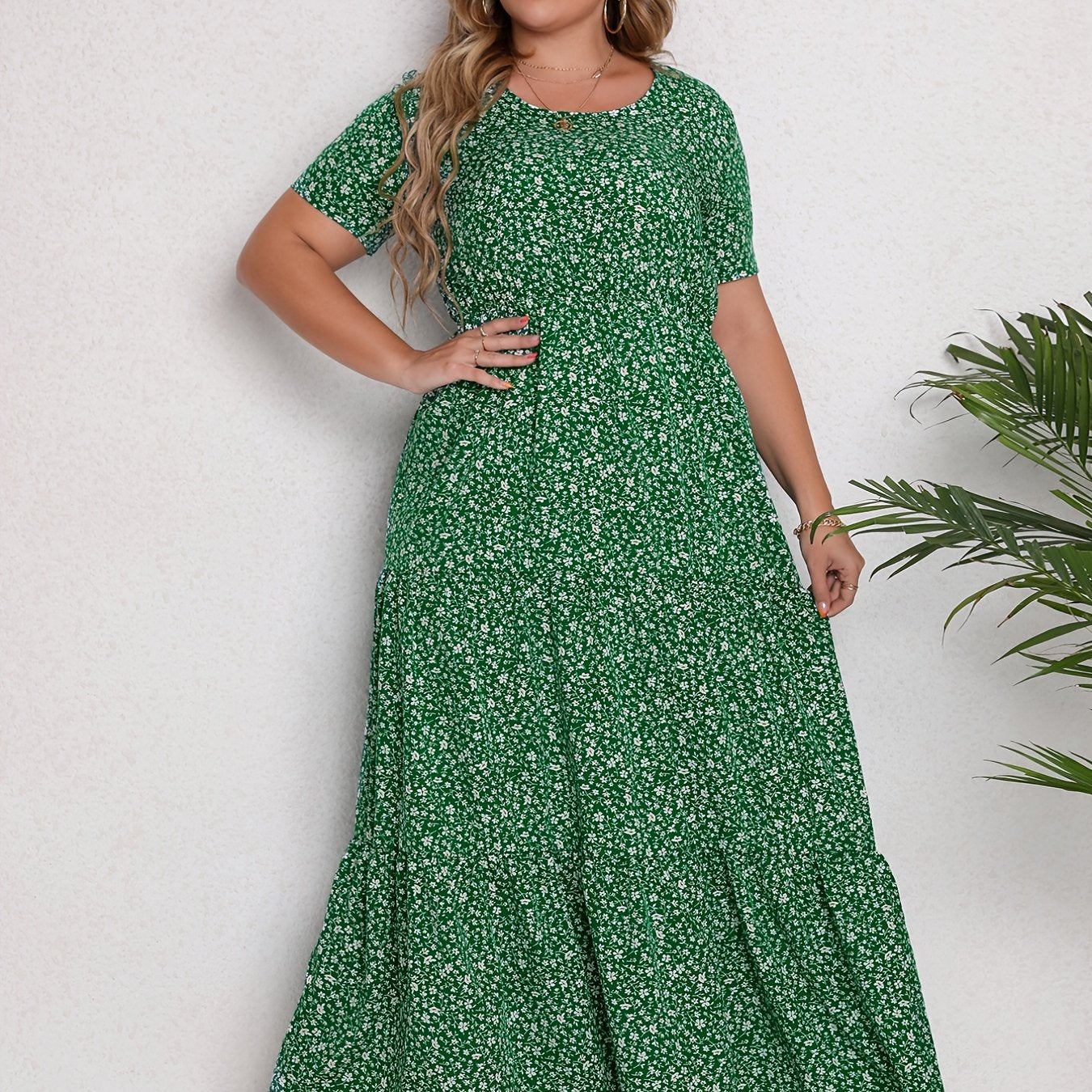  Ditsy Print Short Sleeve Maxi Dress