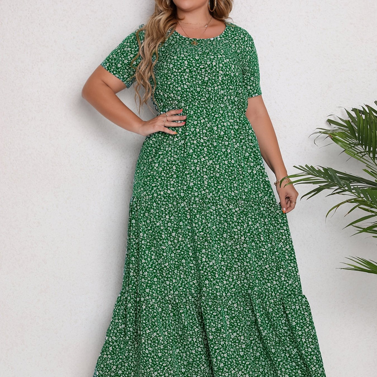  Ditsy Print Short Sleeve Maxi Dress