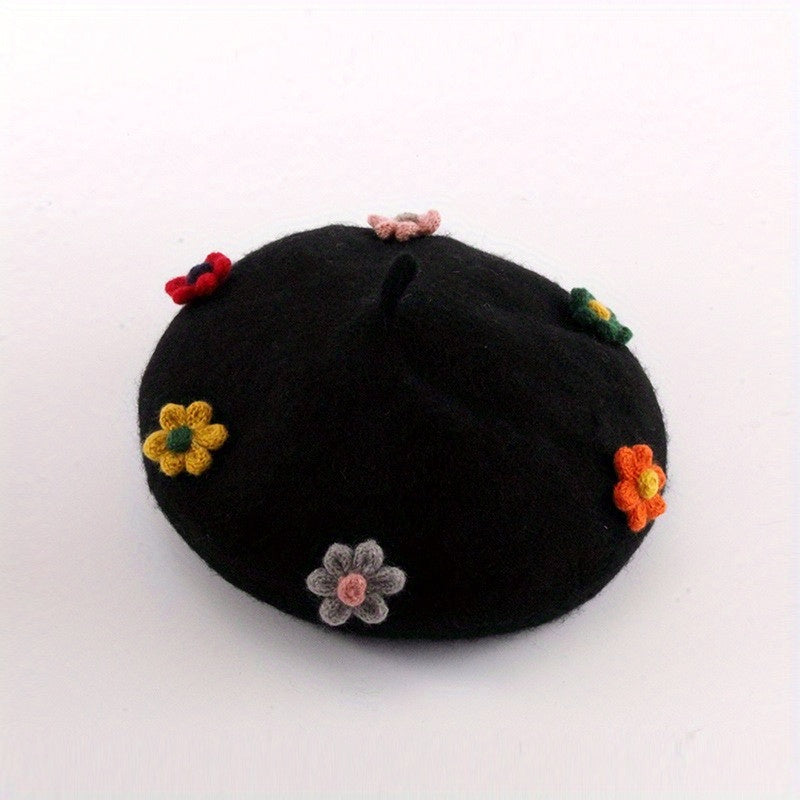 Women's Flower Decor Beret Solid Warm Painter Hats