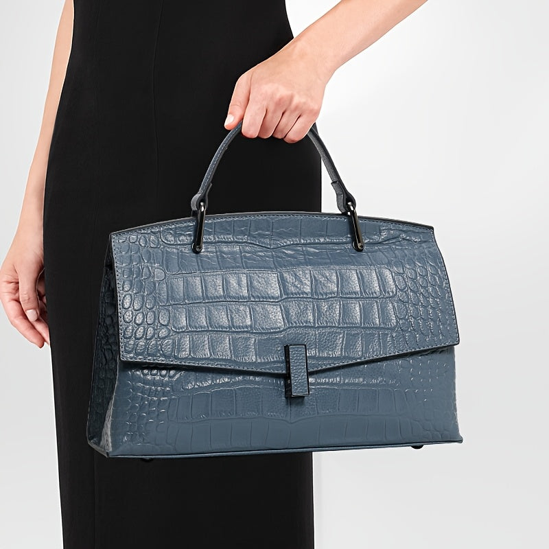 Crocodile Embossed Leather Handbag: Convertible Shoulder & Handbag