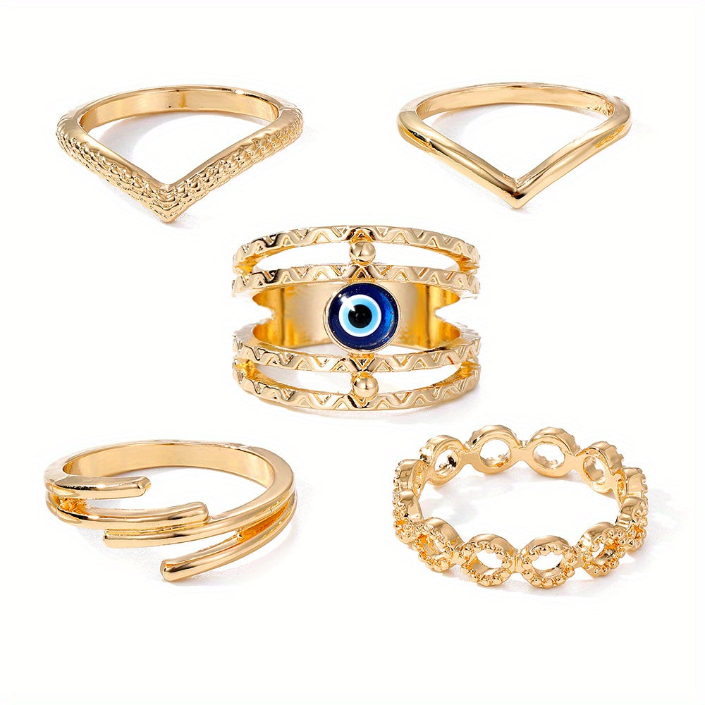 Vintage Golden Ring Set Inlaid Rhinestone Devil Eye Sun Snake Pattern