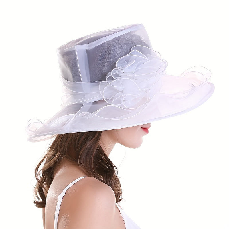 Organza Sun Hat Wide Brim Solid Derby Hat Ruffles Flower Beach Hats