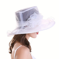 Organza Sun Hat Wide Brim Solid Derby Hat Ruffles Flower Beach Hats