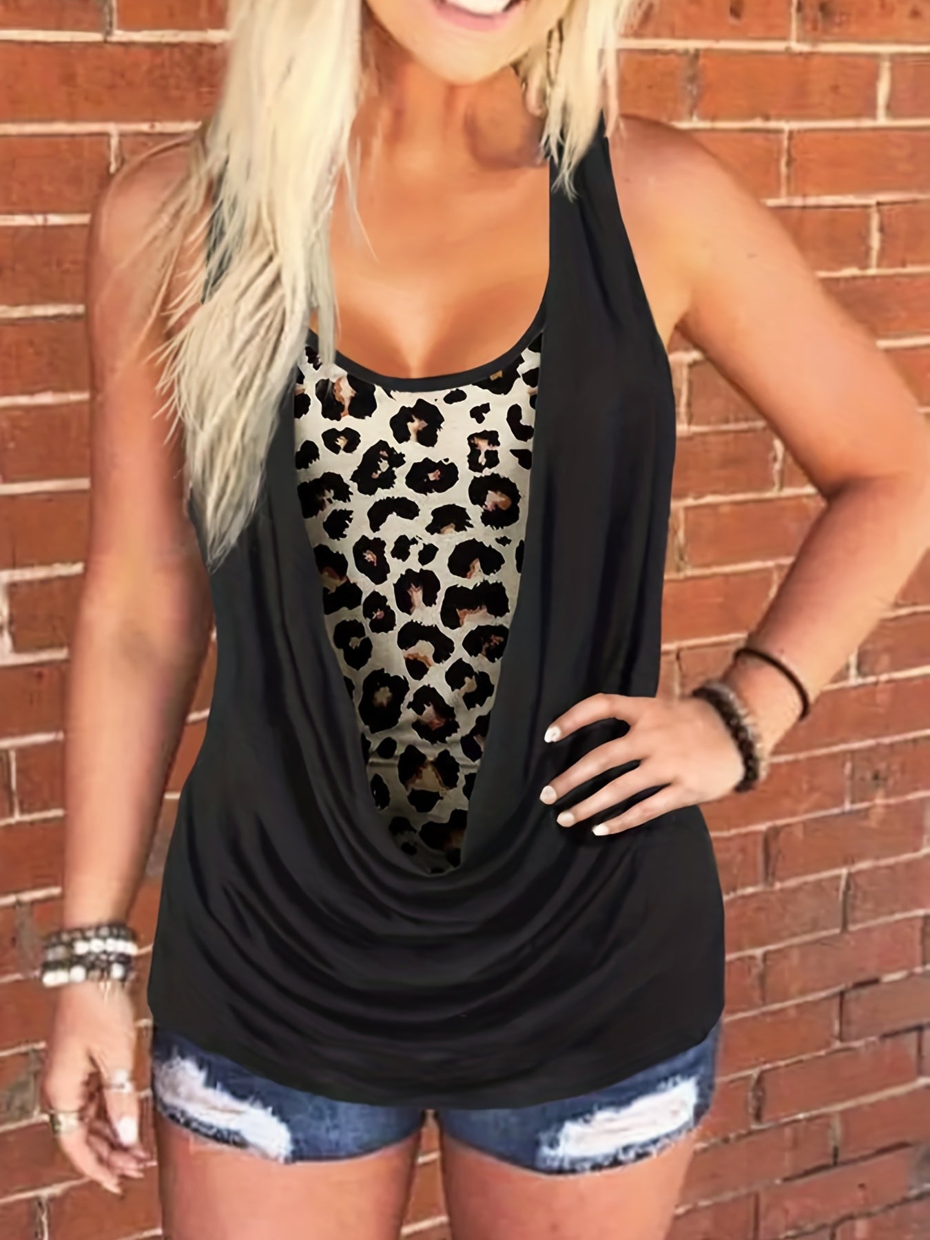  Colorblock Leopard Ruched Tank Top