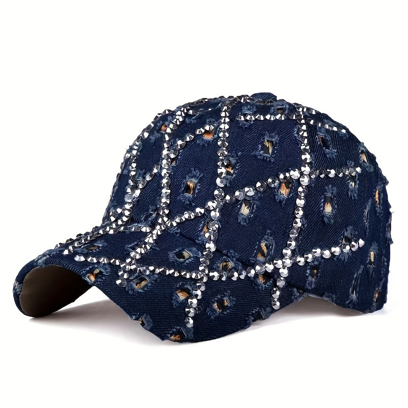 Leopard Rhinestone Denim Baseball Cap with Artificial Diamonds