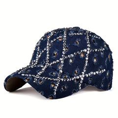 Leopard Rhinestone Denim Baseball Cap with Artificial Diamonds
